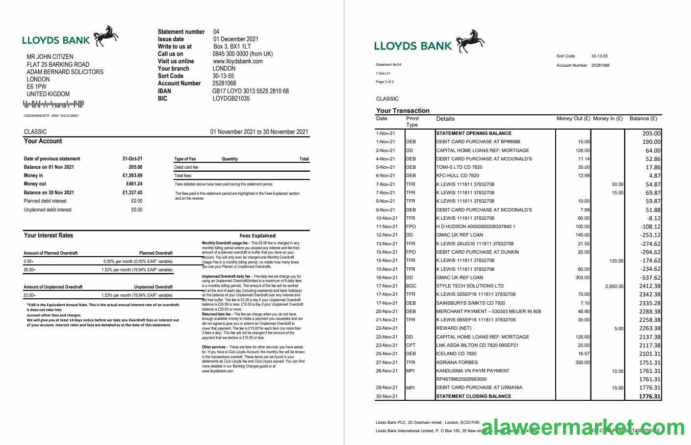 United Kingdom Lloyds bank statement template in Excel and PDF format (2 pages)